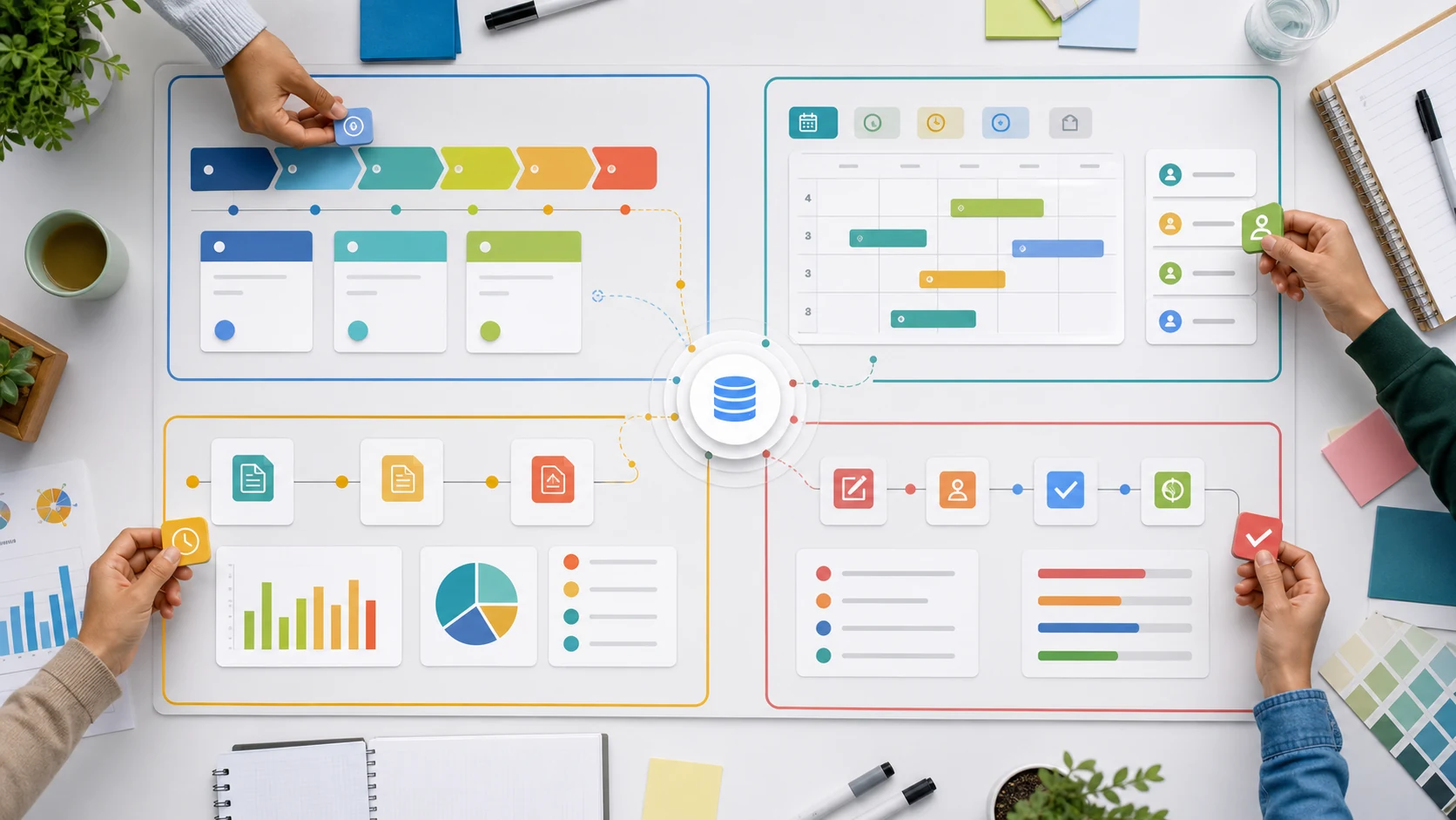 Taskingos workflow catalog showing sales, service, back office, and team operations connected by shared records