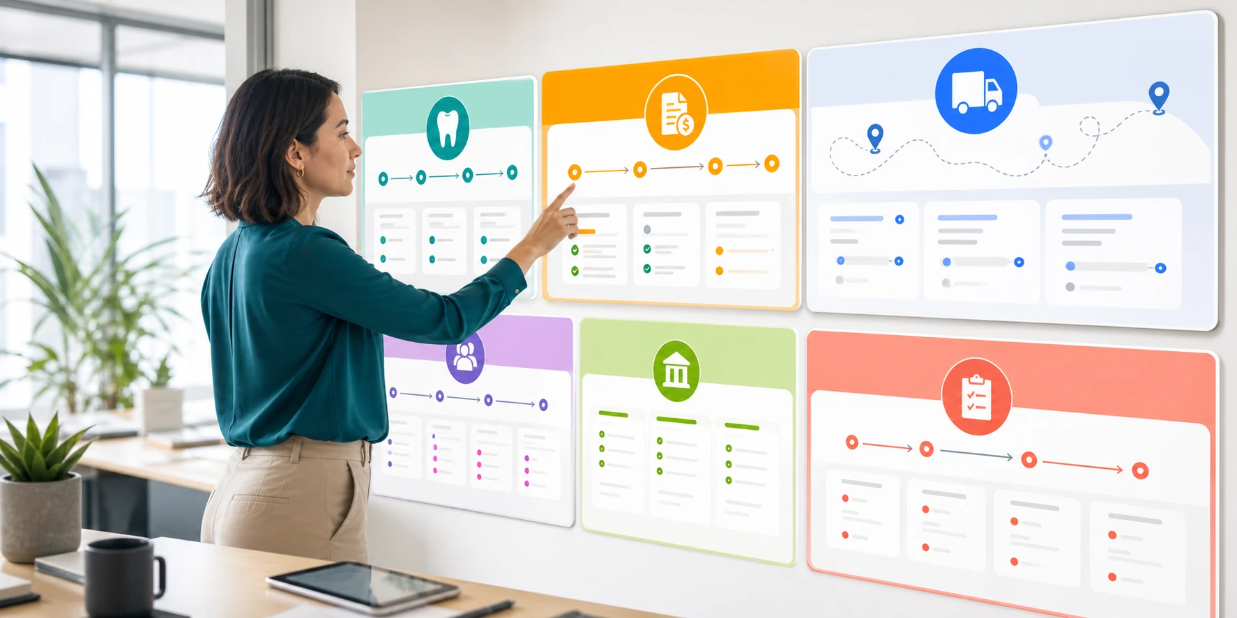 Operator choosing colorful Taskingos starter workflow apps from a clean marketplace wall