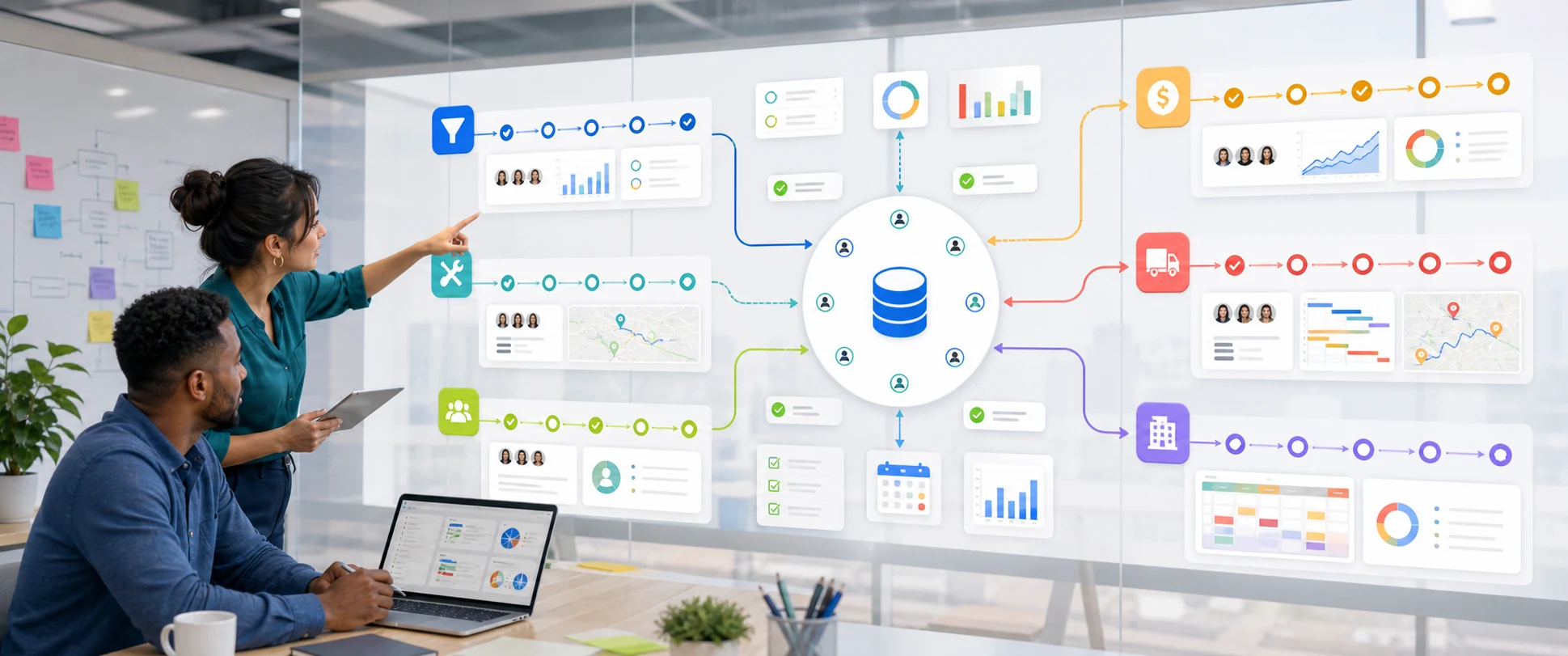 Operators reviewing a connected Taskingos operating layer across sales, service, finance, vendors, hiring, and requests