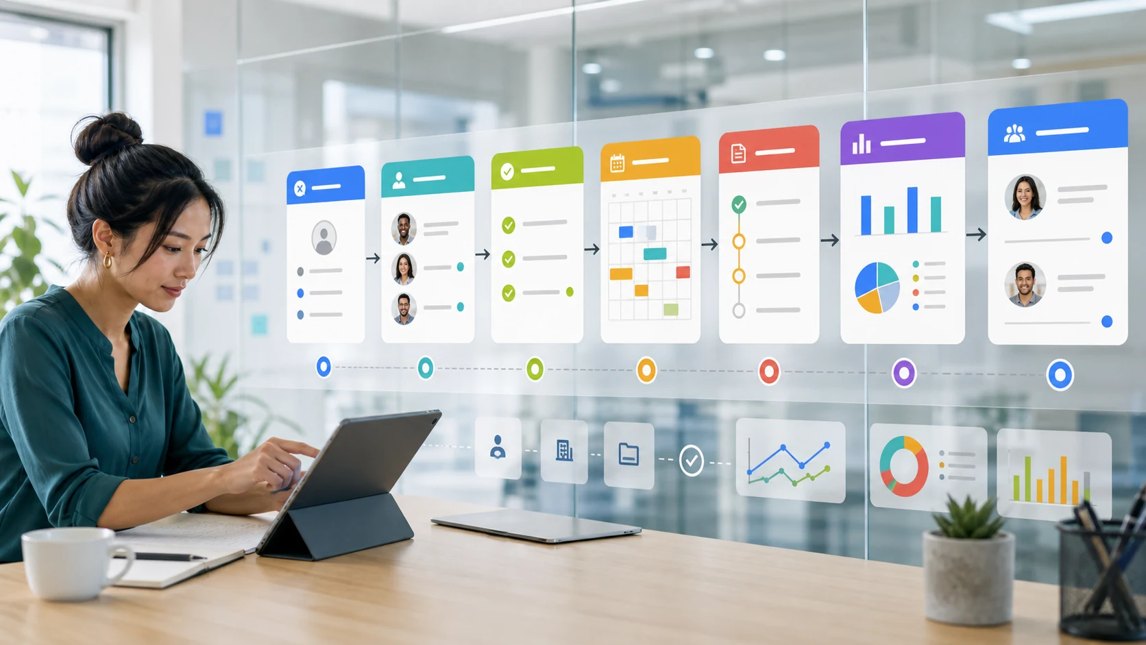 Operator moving a shared work record through intake, assignment, approval, due work, reporting, and handoff stages