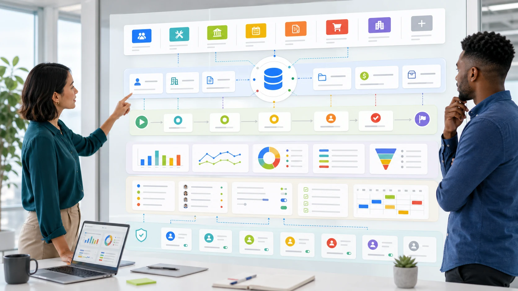 Taskingos product workspace with app catalog, workflow panels, and reports