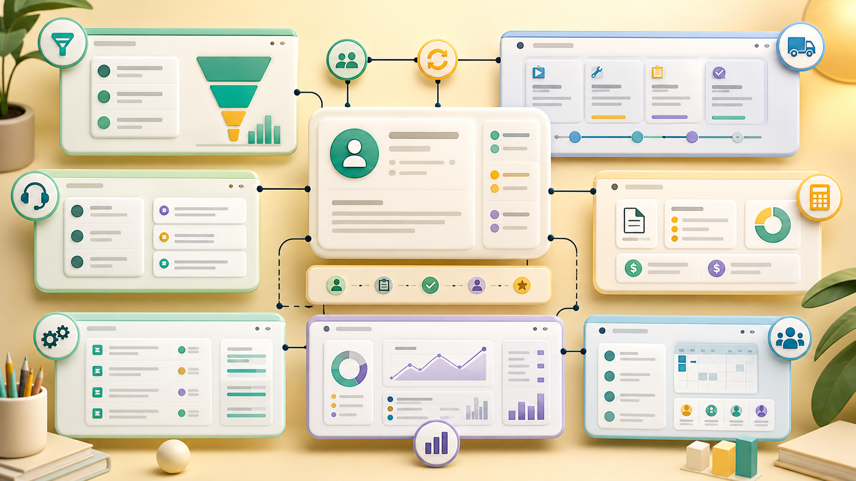 Shared customer context connected to cross-functional team workflow panels